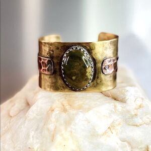 Mixed Metal Hand Hammered Natural Stone Cuff Bracelet NWT Western Boho